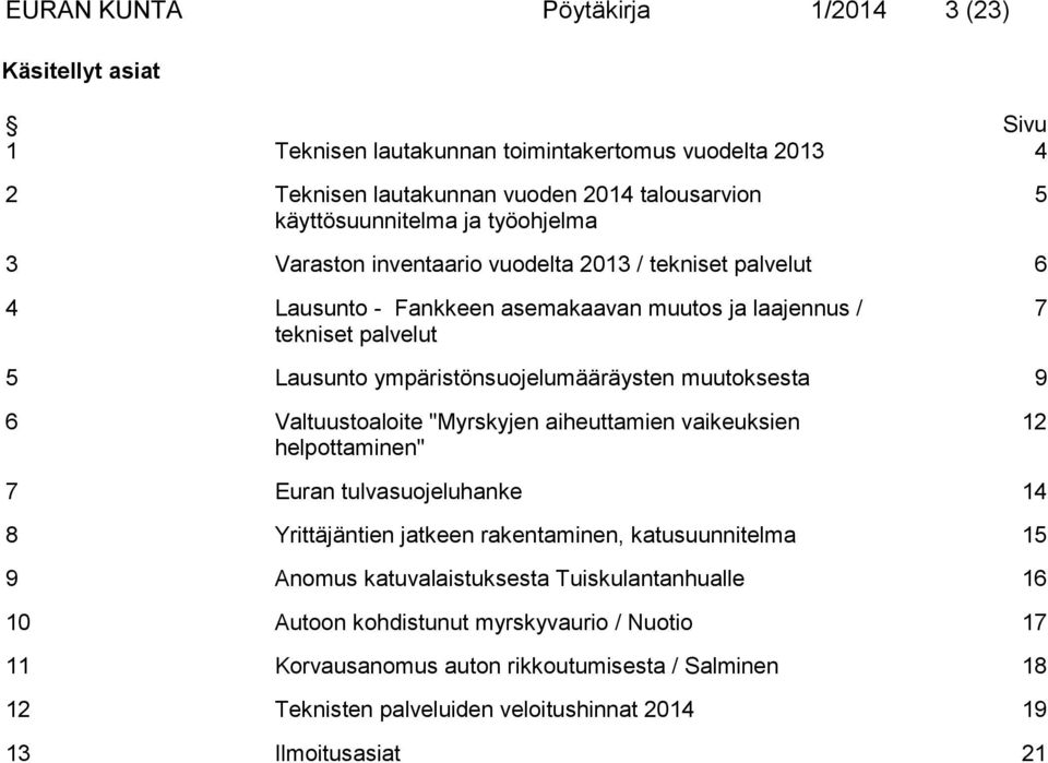 muutoksesta 9 6 Valtuustoaloite "Myrskyjen aiheuttamien vaikeuksien helpottaminen" 12 7 Euran tulvasuojeluhanke 14 8 Yrittäjäntien jatkeen rakentaminen, katusuunnitelma 15 9 Anomus