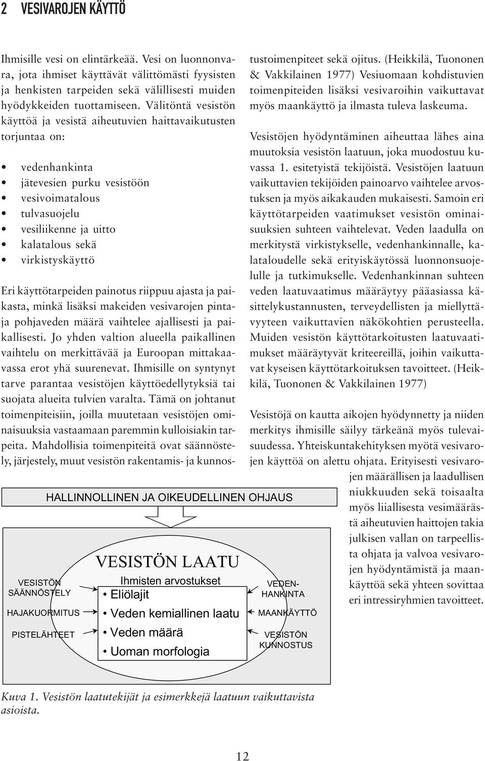 virkistyskäyttö VESISTÖN SÄÄNNÖSTELY HAJAKUORMITUS PISTELÄHTEET HALLINNOLLINEN JA OIKEUDELLINEN OHJAUS VESISTÖN LAATU Ihmisten arvostukset Eliölajit Veden kemiallinen laatu Veden määrä Uoman