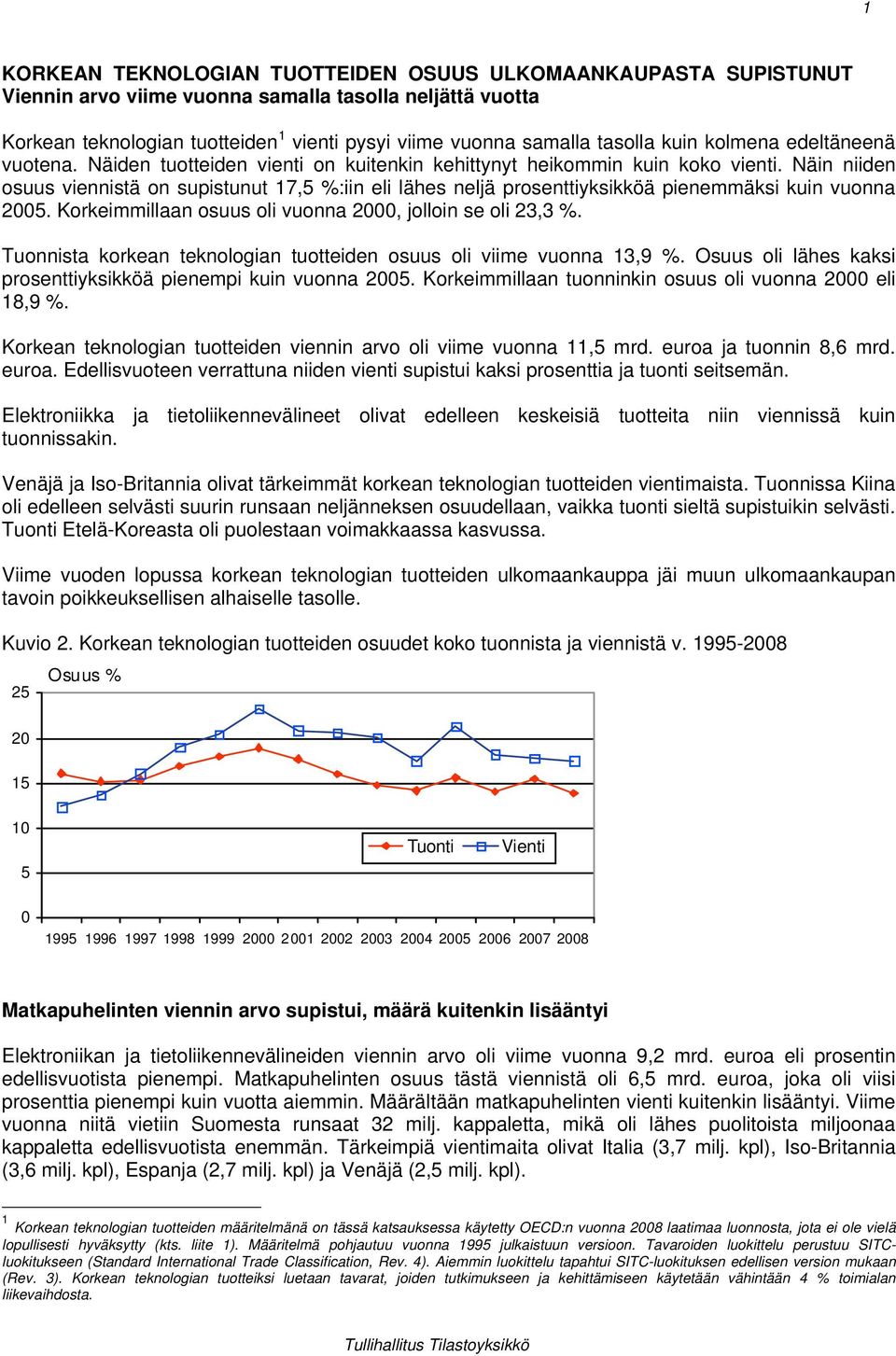 Näin niiden osuus viennistä on supistunut 17,5 %:iin eli lähes neljä prosenttiyksikköä pienemmäksi kuin vuonna 2005. Korkeimmillaan osuus oli vuonna 2000, jolloin se oli 23,3 %.