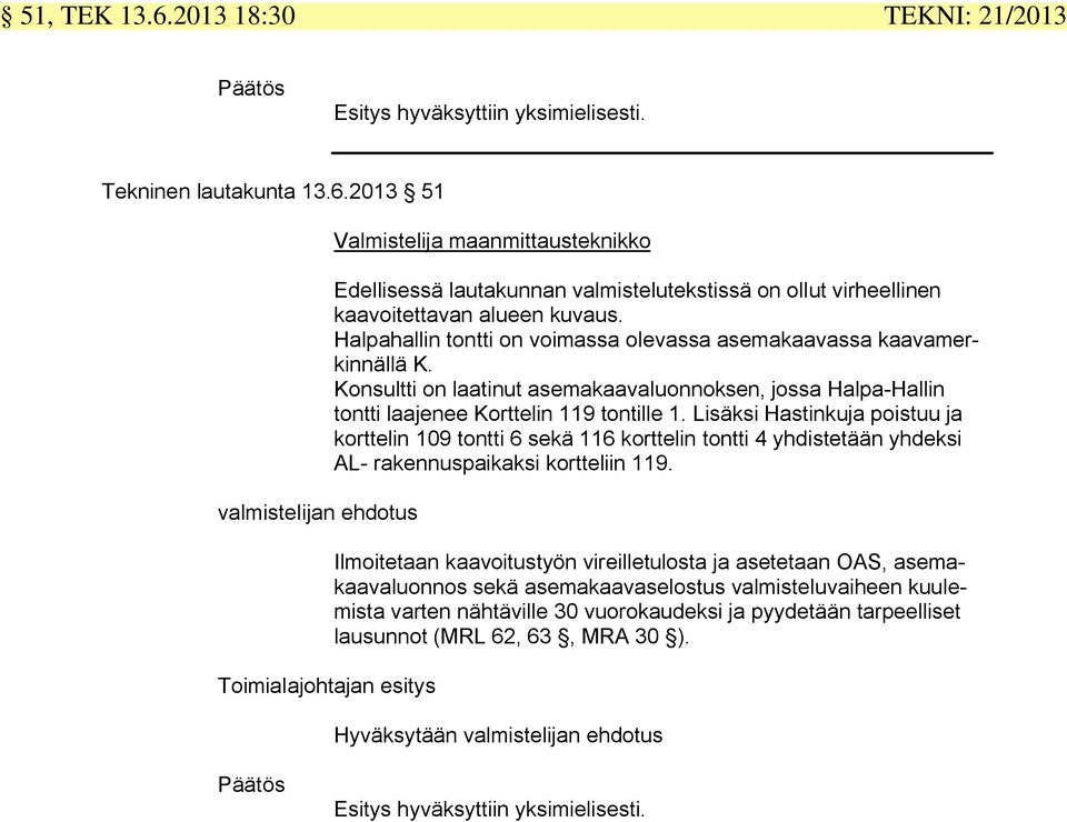 Lisäksi Hastinkuja poistuu ja korttelin 109 tontti 6 sekä 116 korttelin tontti 4 yhdistetään yhdeksi AL- rakennuspaikaksi kortteliin 119.