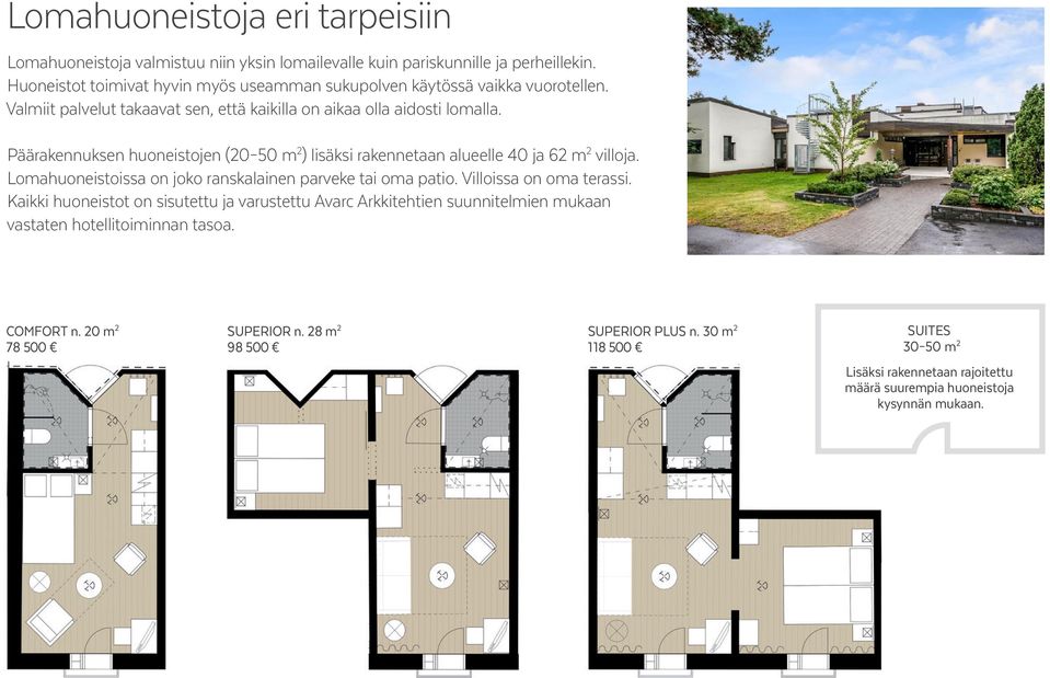 Päärakennuksen huoneistojen (20 50 m 2 ) lisäksi rakennetaan alueelle 40 ja 62 m 2 villoja. Lomahuoneistoissa on joko ranskalainen parveke tai oma patio. Villoissa on oma terassi.