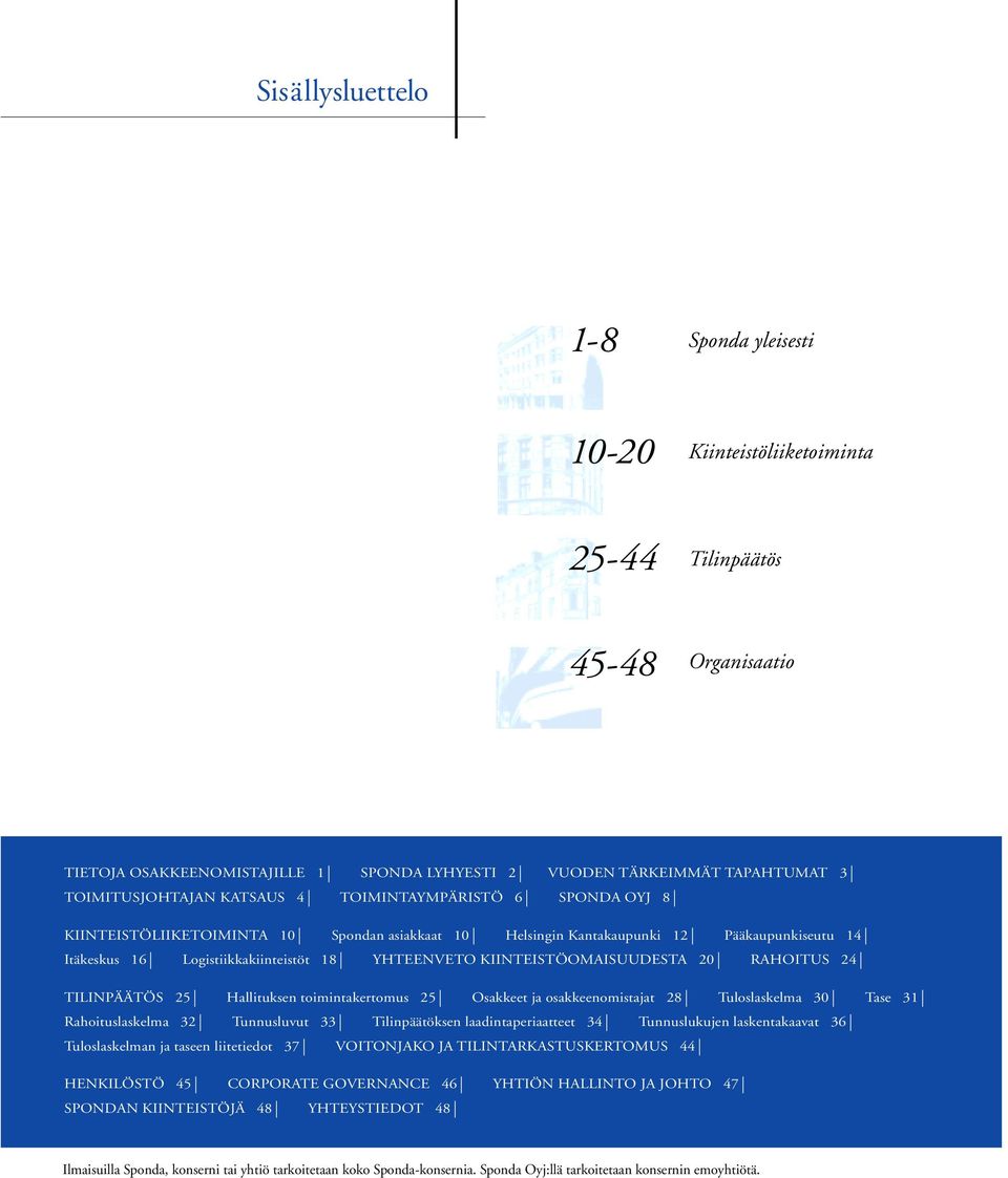 YHTEENVETO KIINTEISTÖOMAISUUDESTA 20 RAHOITUS 24 TILINPÄÄTÖS 25 Hallituksen toimintakertomus 25 Osakkeet ja osakkeenomistajat 28 Tuloslaskelma 30 Tase 31 Rahoituslaskelma 32 Tunnusluvut 33