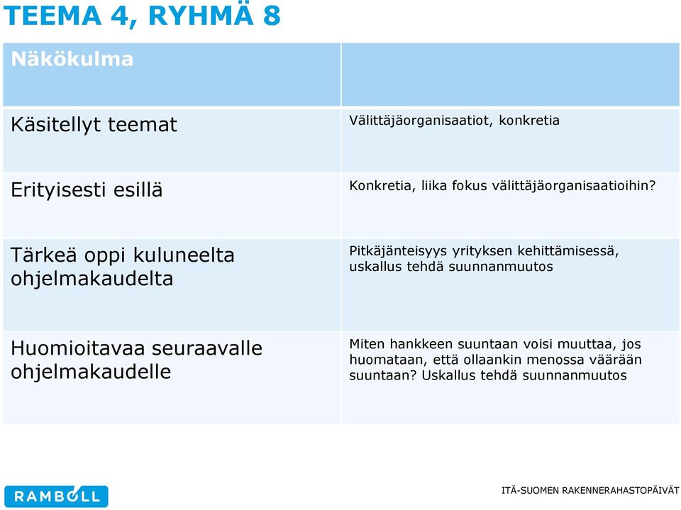 Tärkeä oppi kuluneelta ohjelmakaudelta Pitkäjänteisyys yrityksen kehittämisessä, uskallus tehdä