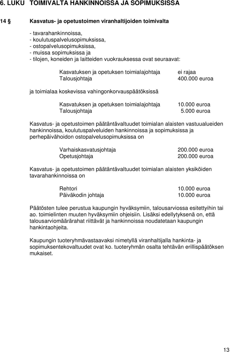 000 euroa ja toimialaa koskevissa vahingonkorvauspäätöksissä Kasvatuksen ja opetuksen toimialajohtaja 10.000 euroa Talousjohtaja 5.