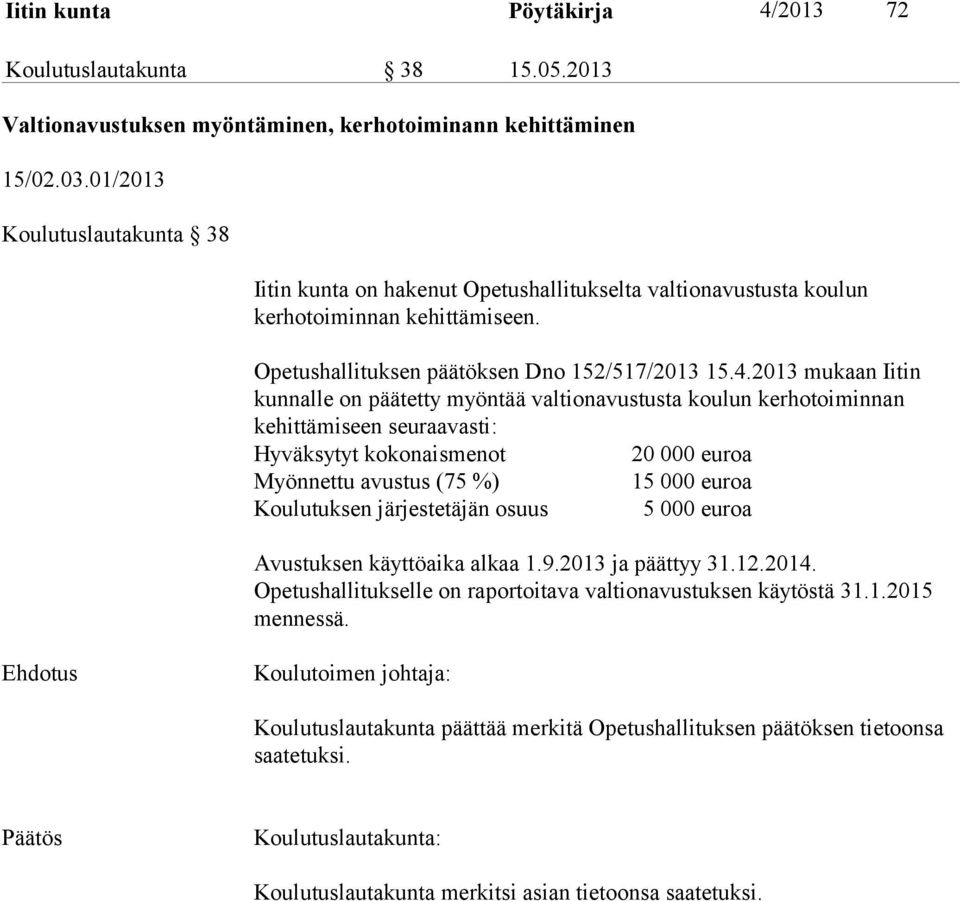 2013 mukaan Iitin kunnalle on päätetty myöntää valtionavustusta koulun kerhotoiminnan kehittämiseen seuraavasti: Hyväksytyt kokonaismenot 20 000 euroa Myönnettu avustus (75 %) 15 000 euroa