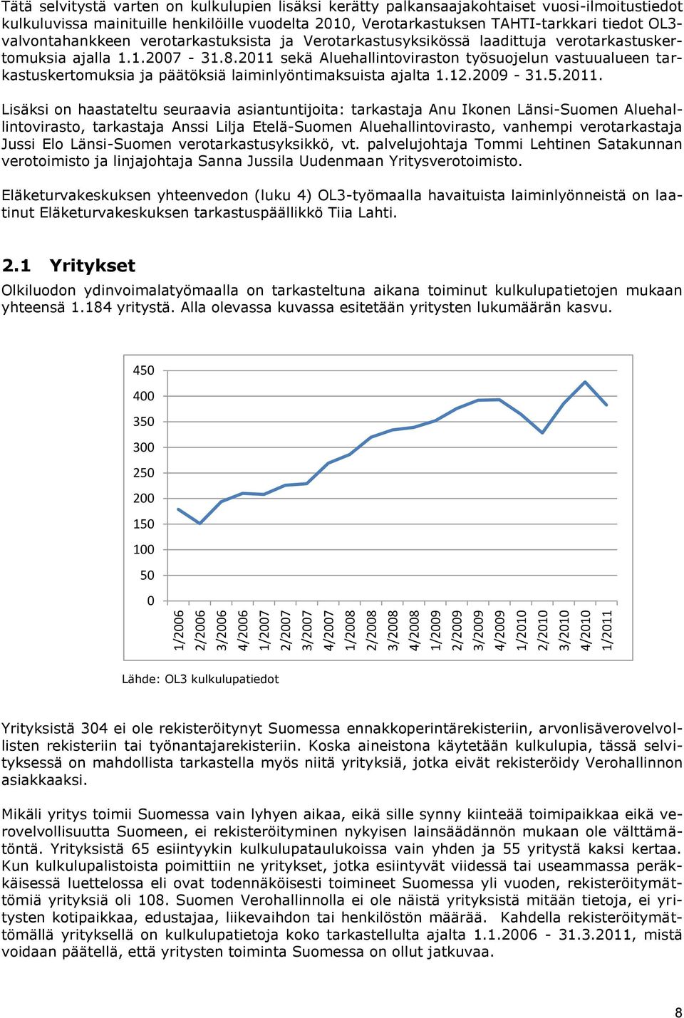 Verotarkastusyksikössä laadittuja verotarkastuskertomuksia ajalla 1.1.2007-31.8.