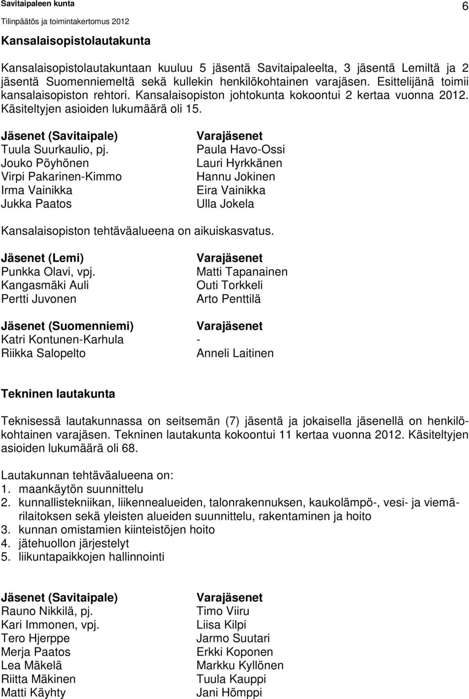 Jouko Pöyhönen Virpi Pakarinen-Kimmo Irma Vainikka Jukka Paatos Varajäsenet Paula Havo-Ossi Lauri Hyrkkänen Hannu Jokinen Eira Vainikka Ulla Jokela Kansalaisopiston tehtäväalueena on aikuiskasvatus.