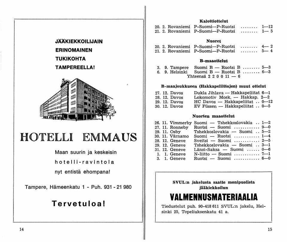 Davos Dukla Jihlava - Hakkapeliitat 6-1 28. 12. Davos Lokomotiv Mosk. - Hakkap. 2-2 29. 12. Davos He Davos - Hakkapeliitat 0-12 30. 12. Davos EV Fussen - Hakkapeliitat.