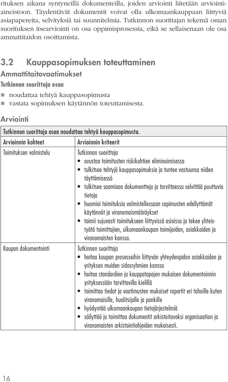 2 Kauppasopimuksen toteuttaminen Ammattitaitovaatimukset osaa noudattaa tehtyä kauppasopimusta vastata sopimuksen käytännön toteuttamisesta. Arviointi osaa noudattaa tehtyä kauppasopimusta.