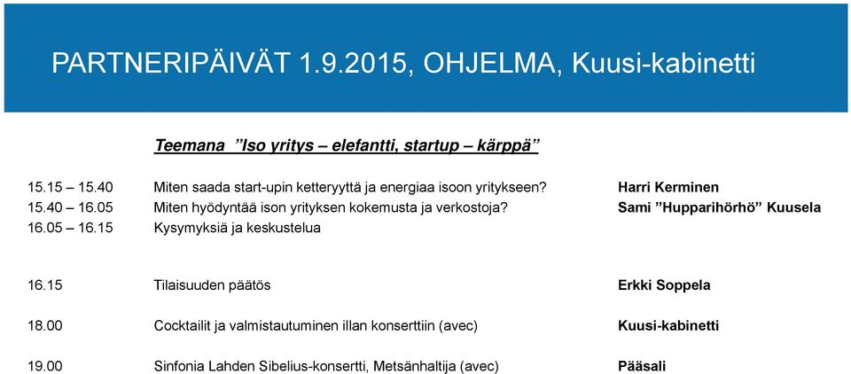 05 Miten hyödyntää ison yrityksen kokemusta ja verkostoja? Sami Hupparihörhö Kuusela 16.05 16.15 Kysymyksiä ja keskustelua 16.