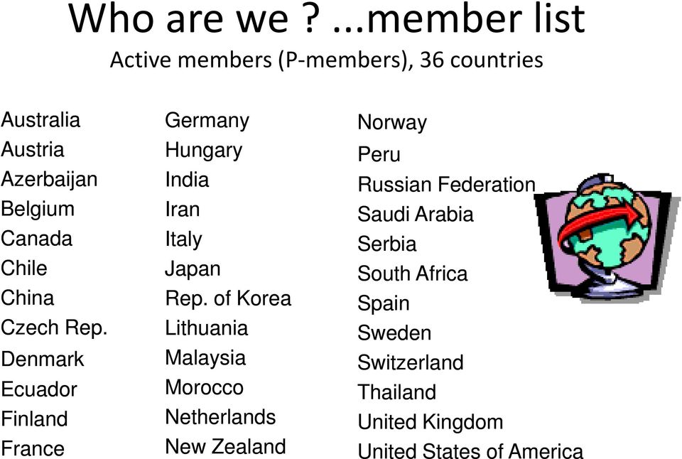 Chile China Czech Rep. Denmark Ecuador Finland France Germany Hungary India Iran Italy Japan Rep.