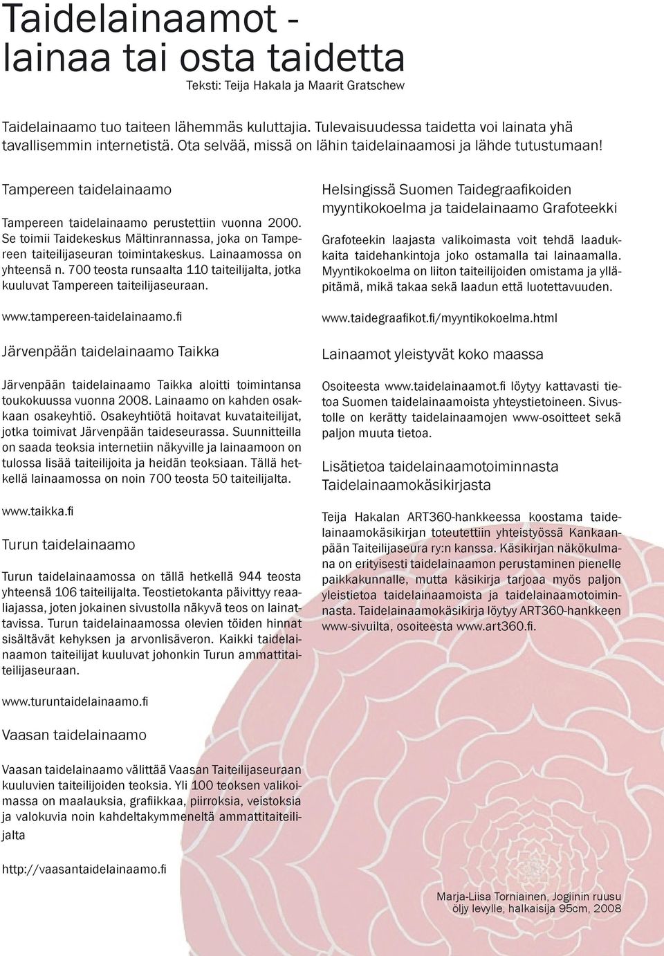 Se toimii Taidekeskus Mältinrannassa, joka on Tampereen taiteilijaseuran toimintakeskus. Lainaamossa on yhteensä n. 700 teosta runsaalta 110 taiteilijalta, jotka kuuluvat Tampereen taiteilijaseuraan.