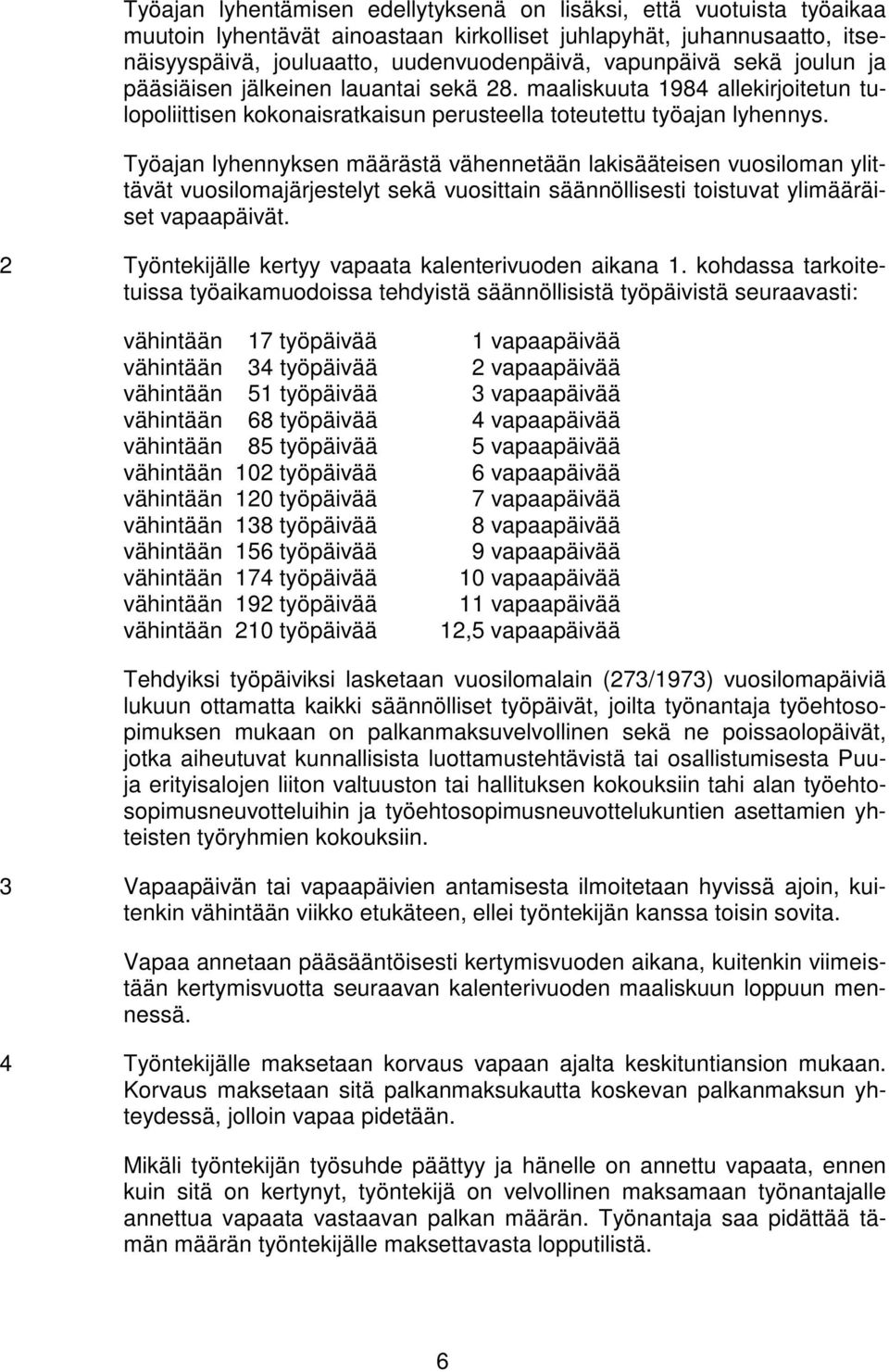 Työajan lyhennyksen määrästä vähennetään lakisääteisen vuosiloman ylittävät vuosilomajärjestelyt sekä vuosittain säännöllisesti toistuvat ylimääräiset vapaapäivät.