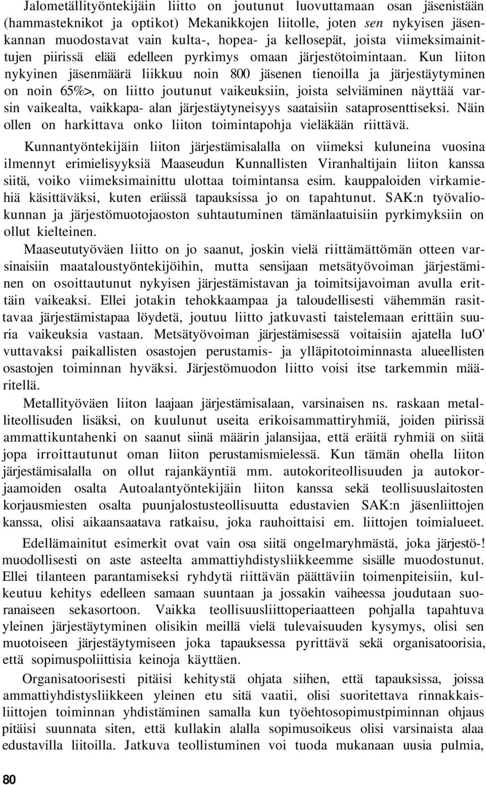 Kun liiton nykyinen jäsenmäärä liikkuu noin 800 jäsenen tienoilla ja järjestäytyminen on noin 65%>, on liitto joutunut vaikeuksiin, joista selviäminen näyttää varsin vaikealta, vaikkapa- alan