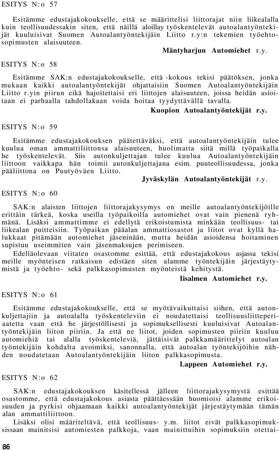 yin piirun eikä hajoitettaisi eri liittojen alaisuuteen, joissa heidän asioitaan ei parhaalla tahdollakaan voida hoitaa tyydyttävällä tavalla. Kuopion Autoalantyöntekijät r.y. ESITYS N:o 59 Esitämme edustajakokouksen päätettäväksi, että autoalantyöntekijäin tulee kuulua oman ammattiliittonsa alaisuuteen, huolimatta siitä millä työpaikalla he työskentelevät.