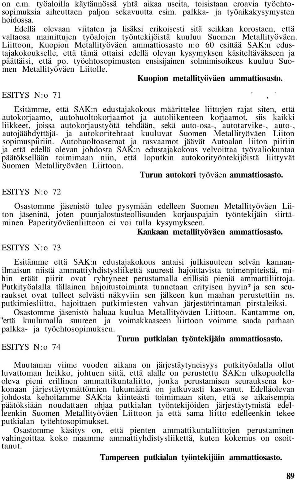 Liittoon, Kuopion Metallityöväen ammattiosasto n:o 60 esittää SAK:n edustajakokoukselle, että tämä ottaisi edellä olevan kysymyksen käsiteltäväkseen ja päättäisi, että po.