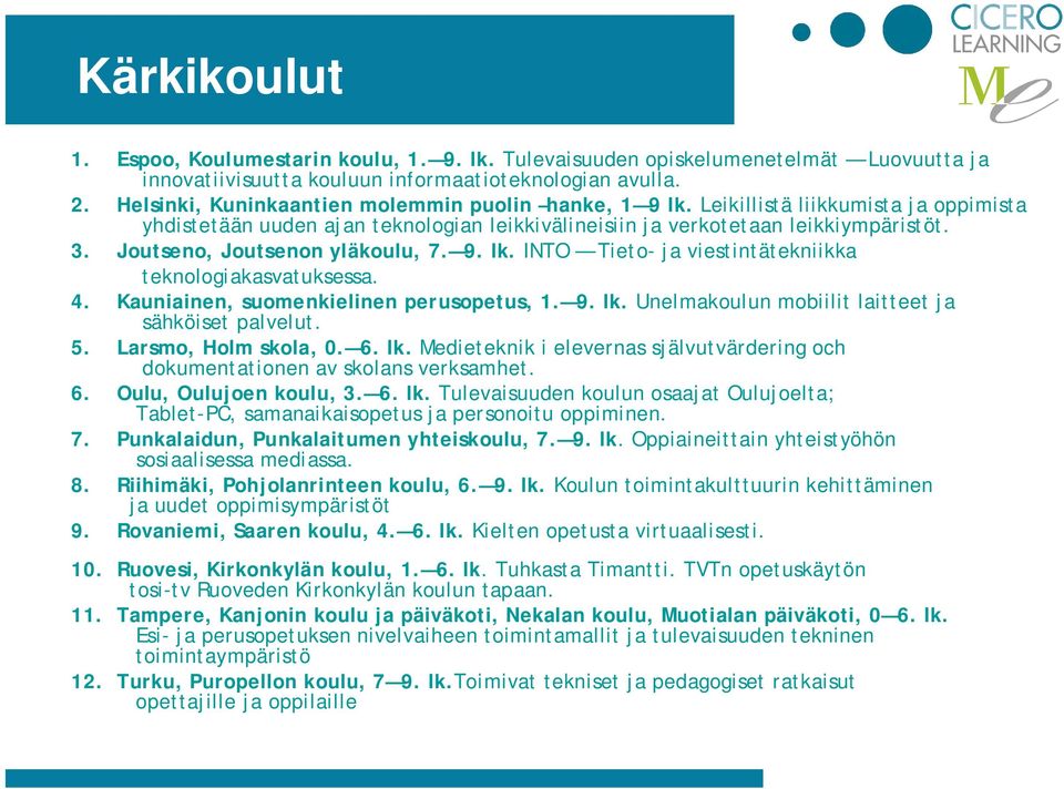 Joutseno, Joutsenon yläkoulu, 7. 9. lk. INTO Tieto- ja viestintätekniikka teknologiakasvatuksessa. 4. Kauniainen, suomenkielinen perusopetus, 1. 9. lk. Unelmakoulun mobiilit laitteet ja sähköiset palvelut.