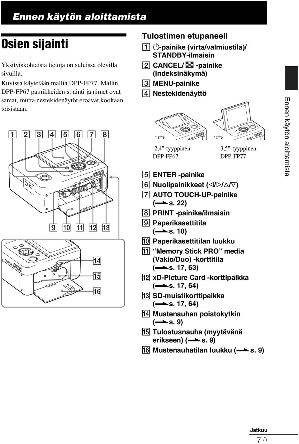 Tulostimen etupaneeli A 1-painike (virta/valmiustila)/ STANDBY-ilmaisin B CANCEL/ -painike (Indeksinäkymä) C MENU-painike D Nestekidenäyttö 2,4"-tyyppinen DPP-FP67 3,5"-tyyppinen DPP-FP77 E ENTER