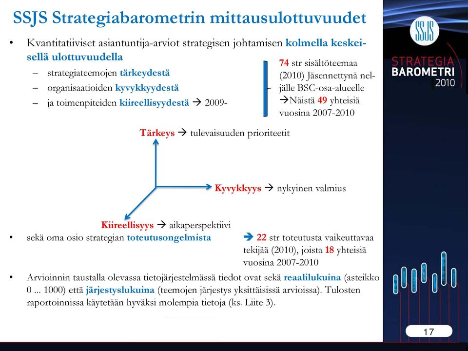 Kyvykkyys nykyinen valmius Kiireellisyys aikaperspektiivi sekä oma osio strategian toteutusongelmista 22 str toteutusta vaikeuttavaa tekijää (2010), joista 18 yhteisiä vuosina 2007-2010 Arvioinnin