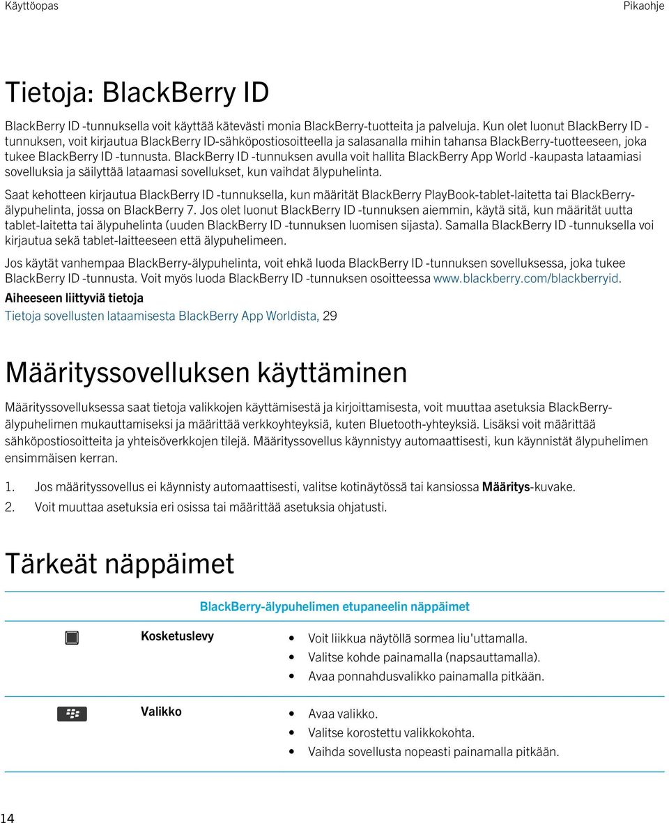 BlackBerry ID -tunnuksen avulla voit hallita BlackBerry App World -kaupasta lataamiasi sovelluksia ja säilyttää lataamasi sovellukset, kun vaihdat älypuhelinta.