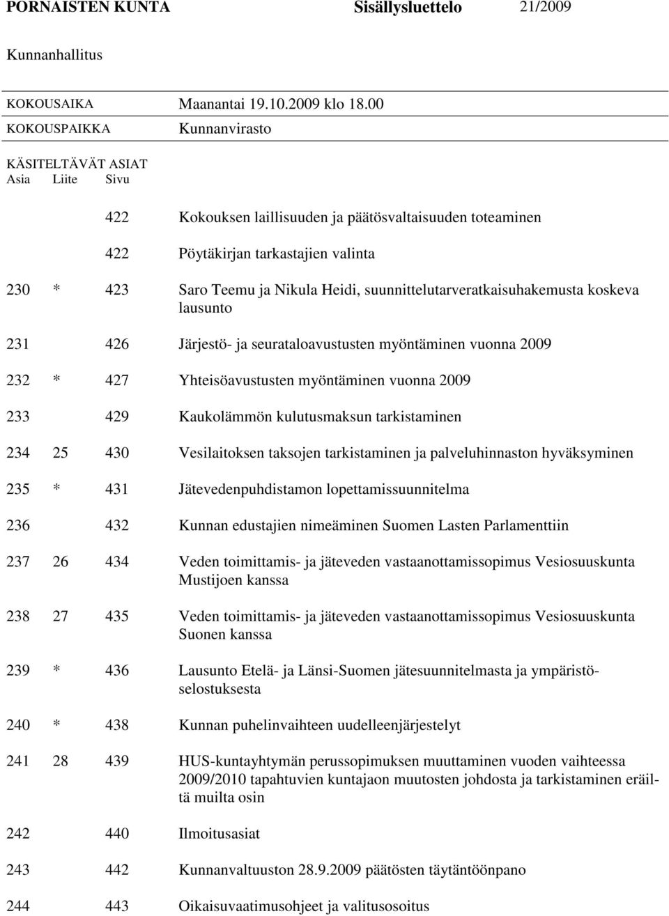 suunnittelutarveratkaisuhakemusta koskeva lausunto 231 426 Järjestö- ja seurataloavustusten myöntäminen vuonna 2009 232 * 427 Yhteisöavustusten myöntäminen vuonna 2009 233 429 Kaukolämmön