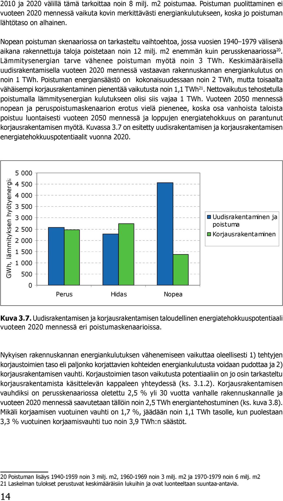 Nopean poistuman skenaariossa on tarkasteltu vaihtoehtoa, jossa vuosien 1940 1979 välisenä aikana rakennettuja taloja poistetaan noin 12 milj. m2 enemmän kuin perusskenaariossa 20.