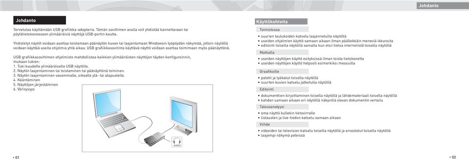 USB grafiikkasovitinta käyttävä näyttö voidaan asettaa toimimaan myös päänäyttönä.