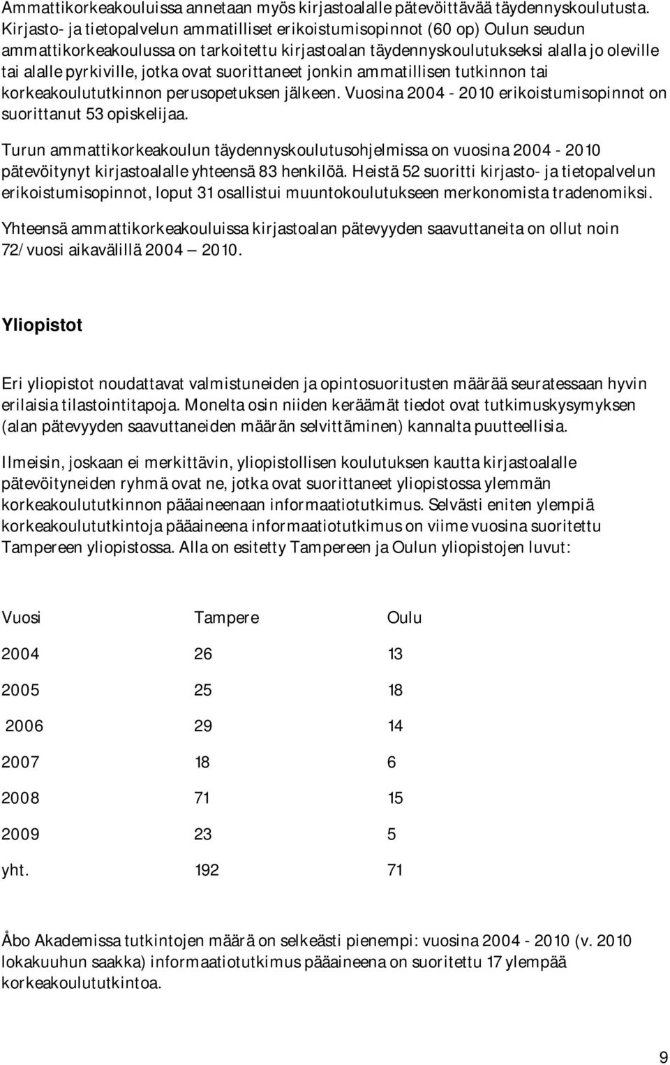 jotka ovat suorittaneet jonkin ammatillisen tutkinnon tai korkeakoulututkinnon perusopetuksen jälkeen. Vuosina 2004-2010 erikoistumisopinnot on suorittanut 53 opiskelijaa.