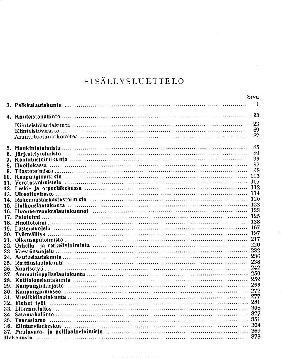 Huoneenvuokralautakunnat 17. Palotoimi 18. Huoltotoimi 19. Lastensuojelu 20. Työnvälitys 21. Oikeusaputoimisto 22. Urheilu- ja retkeilytoiminta 23. Väestönsuojelu 24. Asutuslautakunta 25.