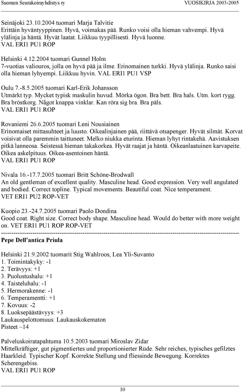 2005 tuomari Karl-Erik Johansson Utmärkt typ. Mycket typisk maskulin huvud. Mörka ögon. Bra bett. Bra hals. Utm. kort rygg. Bra bröstkorg. Något knappa vinklar. Kan röra sig bra. Bra päls.