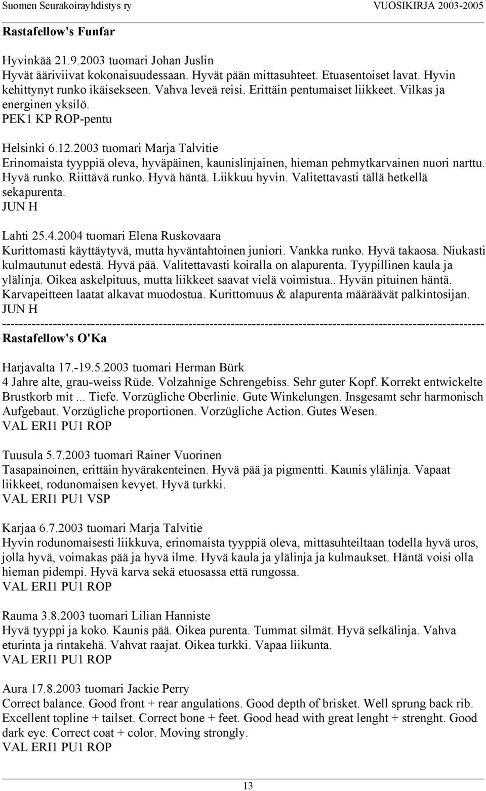 2003 tuomari Marja Talvitie Erinomaista tyyppiä oleva, hyväpäinen, kaunislinjainen, hieman pehmytkarvainen nuori narttu. Hyvä runko. Riittävä runko. Hyvä häntä. Liikkuu hyvin.