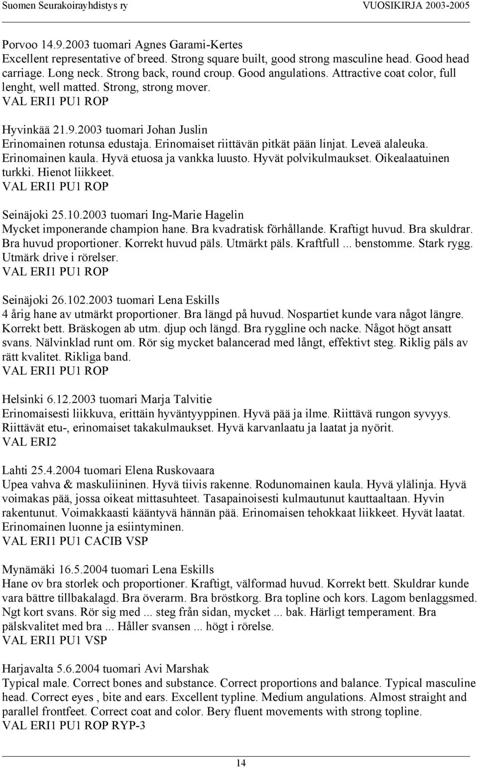 Leveä alaleuka. Erinomainen kaula. Hyvä etuosa ja vankka luusto. Hyvät polvikulmaukset. Oikealaatuinen turkki. Hienot liikkeet. Seinäjoki 25.10.