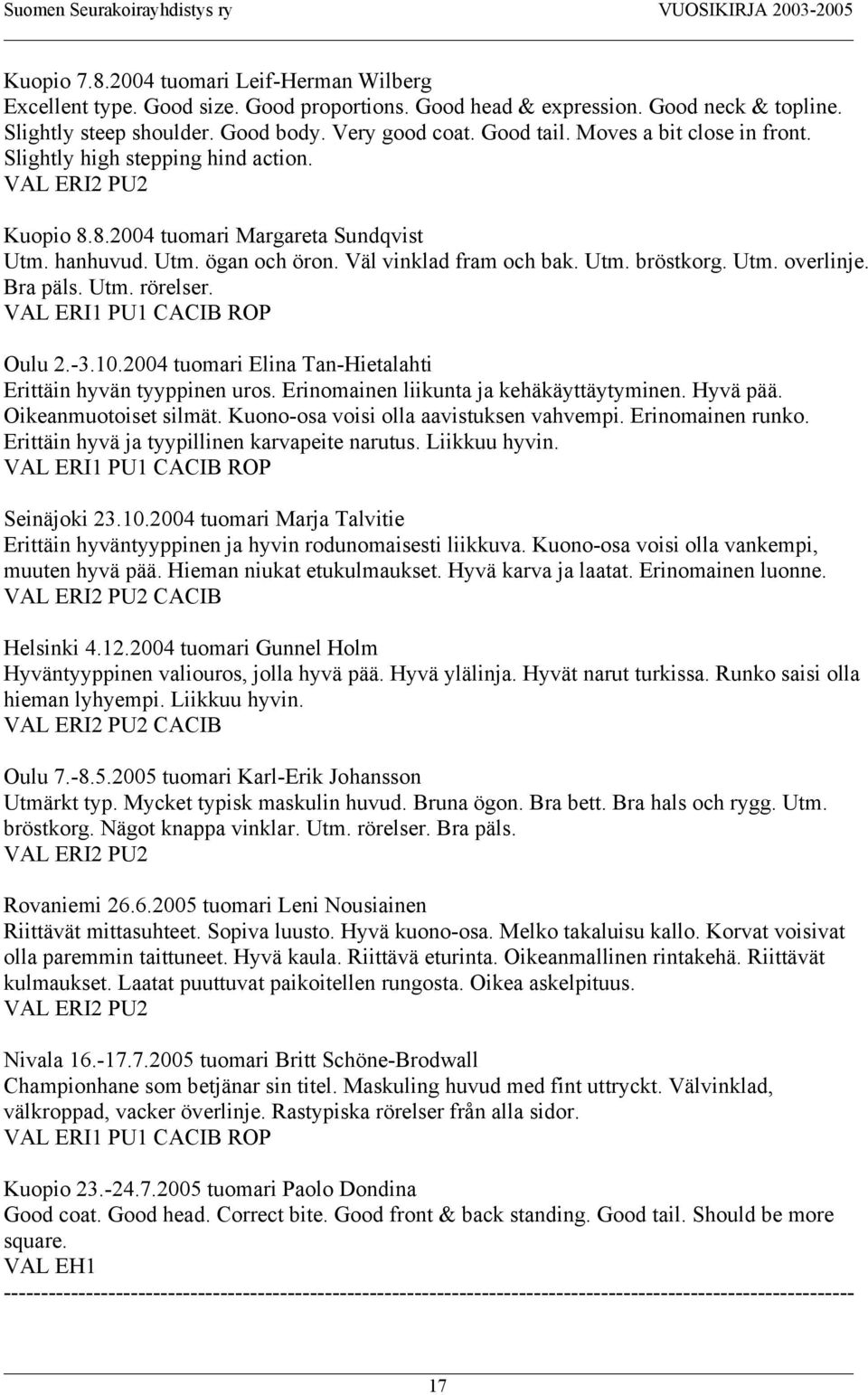 Utm. overlinje. Bra päls. Utm. rörelser. VAL ERI1 PU1 CACIB ROP Oulu 2.-3.10.2004 tuomari Elina Tan-Hietalahti Erittäin hyvän tyyppinen uros. Erinomainen liikunta ja kehäkäyttäytyminen. Hyvä pää.