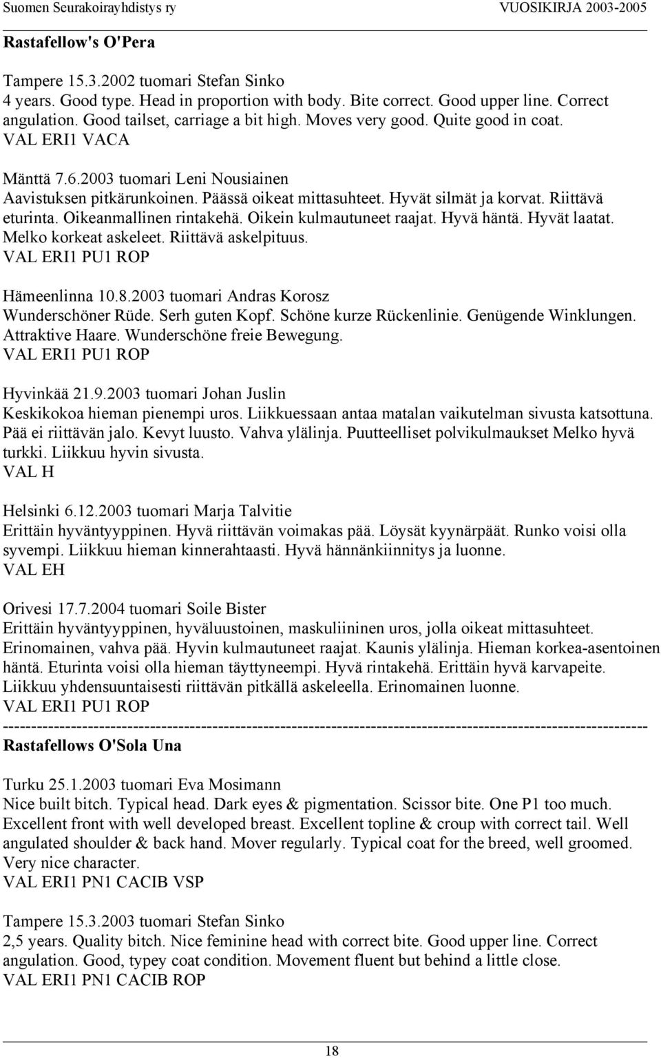 Oikeanmallinen rintakehä. Oikein kulmautuneet raajat. Hyvä häntä. Hyvät laatat. Melko korkeat askeleet. Riittävä askelpituus. Hämeenlinna 10.8.2003 tuomari Andras Korosz Wunderschöner Rüde.