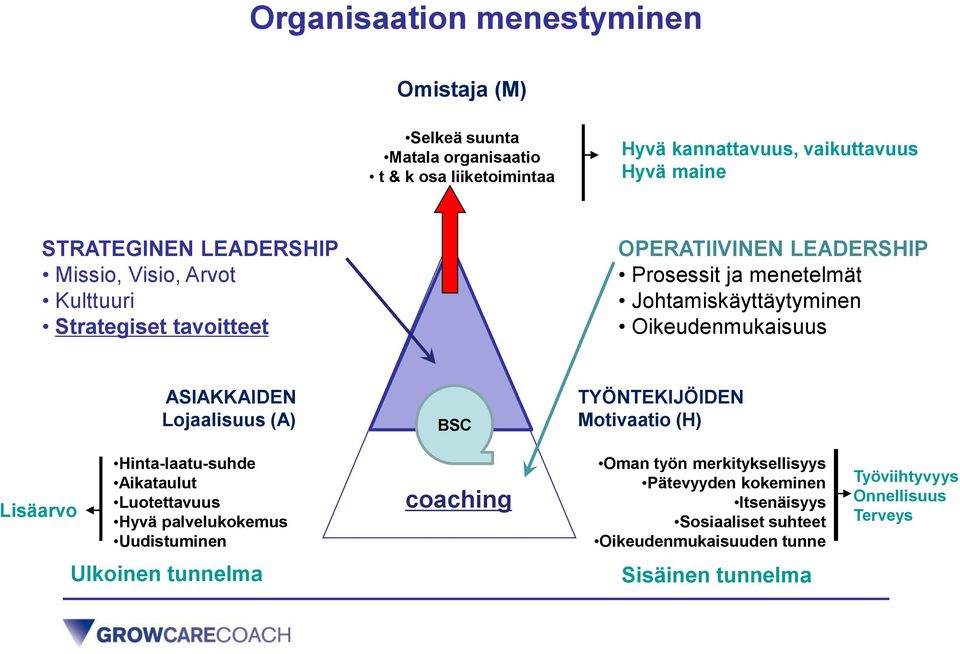 ASIAKKAIDEN Lojaalisuus (A) BSC TYÖNTEKIJÖIDEN Motivaatio (H) Lisäarvo Hinta-laatu-suhde Aikataulut Luotettavuus Hyvä palvelukokemus Uudistuminen coaching Oman