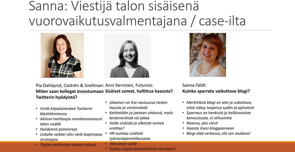 alussa Anni Kervinen, Futurice: Sisäiset somet, hallittua kaaosta?