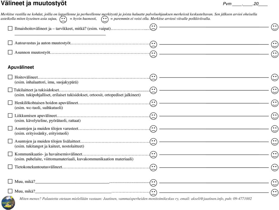 . (esim. erityissänky, erityistuoli) Asuntojen ja muiden tilojen lisälaitteet (esim. tukitangot ja kaiteet, nostolaitteet) Kommunikaatio- ja havaitsemisvälineet.. (esim. puhelaite, viittomamateriaali, kuvakommunikaation materiaali) Tietokonekuntoutusvälineet.