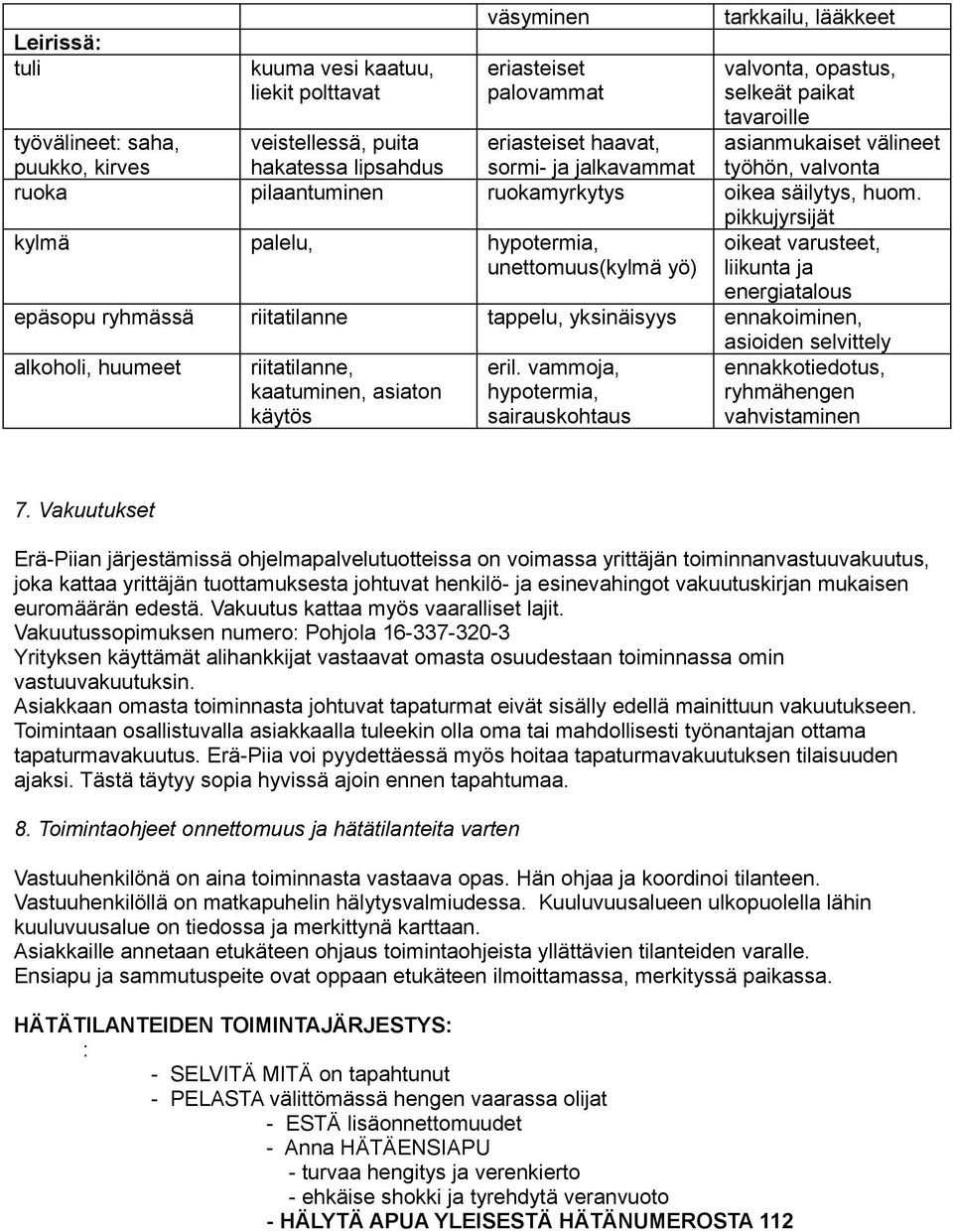 pikkujyrsijät kylmä palelu, hypotermia, unettomuus(kylmä yö) oikeat varusteet, liikunta ja energiatalous epäsopu ryhmässä riitatilanne tappelu, yksinäisyys ennakoiminen, alkoholi, huumeet