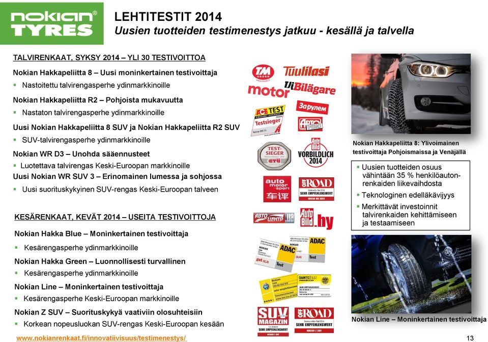 SUV-talvirengasperhe ydinmarkkinoille Nokian WR D3 Unohda sääennusteet Luotettava talvirengas Keski-Euroopan markkinoille Uusi Nokian WR SUV 3 Erinomainen lumessa ja sohjossa Uusi suorituskykyinen