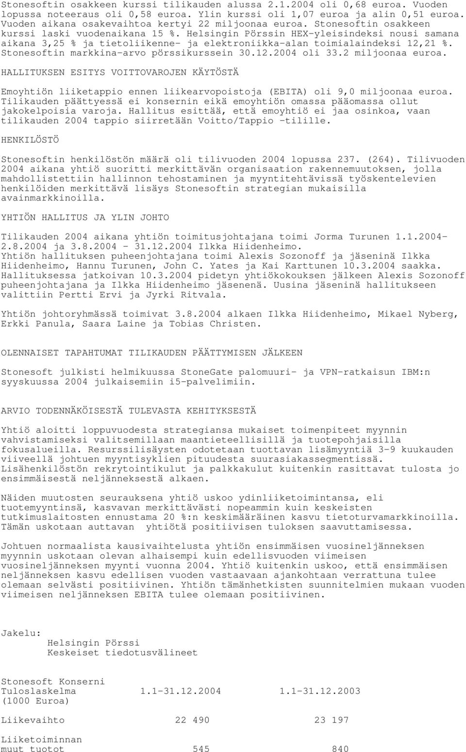 Helsingin Pörssin HEX-yleisindeksi nousi samana aikana 3,25 % ja tietoliikenne- ja elektroniikka-alan toimialaindeksi 12,21 %. Stonesoftin markkina-arvo pörssikurssein 30.12.2004 oli 33.