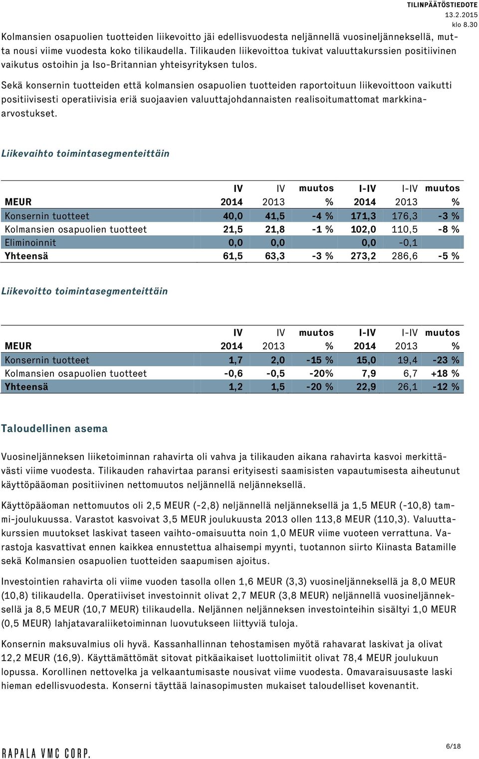 Sekä konsernin tuotteiden että kolmansien osapuolien tuotteiden raportoituun liikevoittoon vaikutti positiivisesti operatiivisia eriä suojaavien valuuttajohdannaisten realisoitumattomat