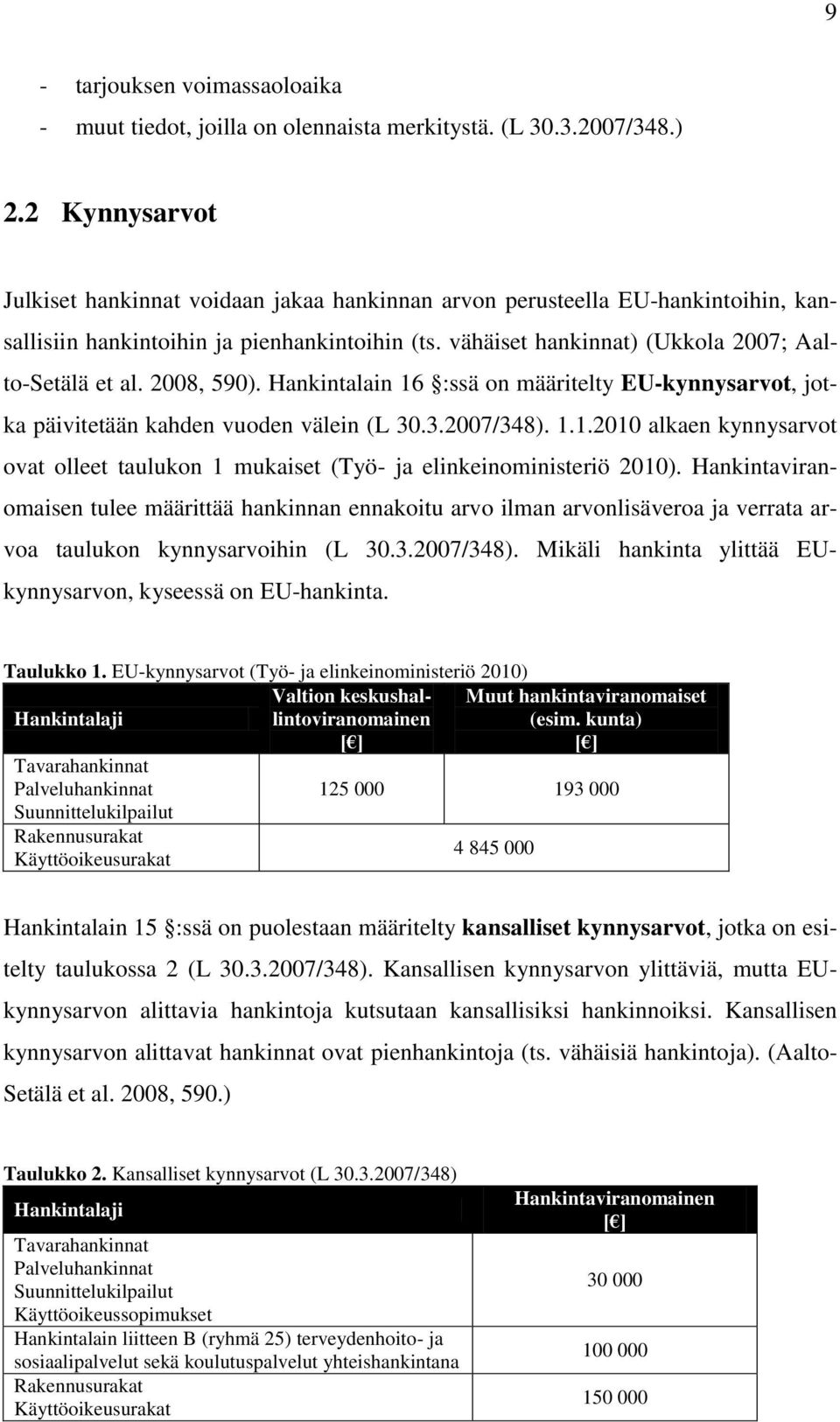 2008, 590). Hankintalain 16 :ssä on määritelty EU-kynnysarvot, jotka päivitetään kahden vuoden välein (L 30.3.2007/348). 1.1.2010 alkaen kynnysarvot ovat olleet taulukon 1 mukaiset (Työ- ja elinkeinoministeriö 2010).