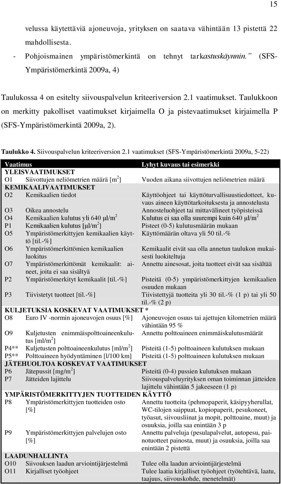 Taulukkoon on merkitty pakolliset vaatimukset kirjaimella O ja pistevaatimukset kirjaimella P (SFS-Ympäristömerkintä 2009a, 2). Taulukko 4. Siivouspalvelun kriteeriversion 2.