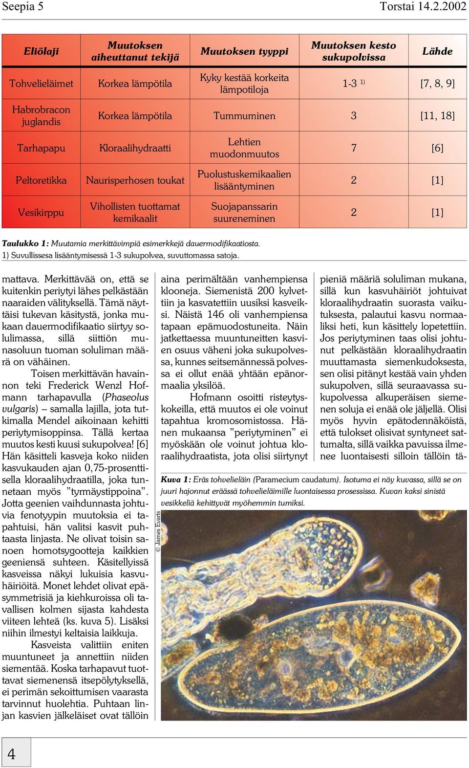 Korkea lämpötila Tummuminen 3 [11, 18] Tarhapapu Kloraalihydraatti Lehtien muodonmuutos 7 [6] Peltoretikka Naurisperhosen toukat Puolustuskemikaalien lisääntyminen 2 [1] Vesikirppu Vihollisten