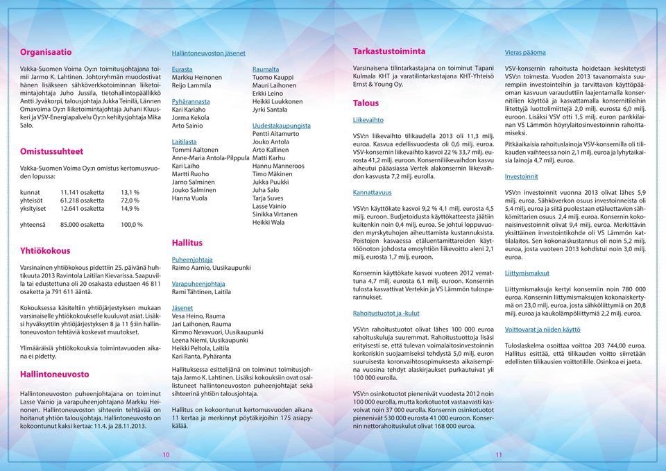 liiketoimintajohtaja Juhani Kluuskeri ja VSV-Energiapalvelu Oy:n kehitysjohtaja Mika Salo. Omistussuhteet Vakka-Suomen Voima Oy:n omistus kertomusvuoden lopussa: kunnat 11.