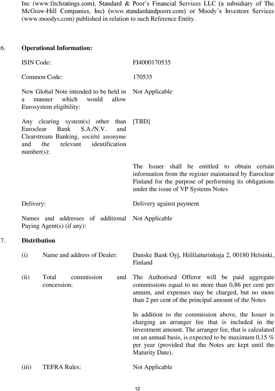 Operational Information: ISIN Code: FI4000170535 Common Code: 170535 New Global Note intended to be held in a manner which would allow Eurosystem eligibility: Any clearing system(s) other than