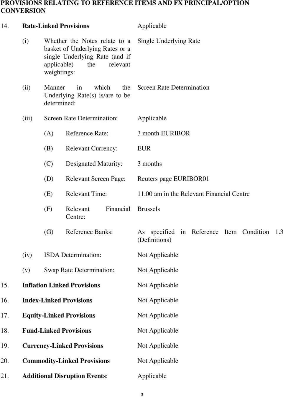 Manner in which the Underlying Rate(s) is/are to be determined: Screen Rate Determination (iii) Screen Rate Determination: Applicable (A) Reference Rate: 3 month EURIBOR (B) Relevant Currency: EUR