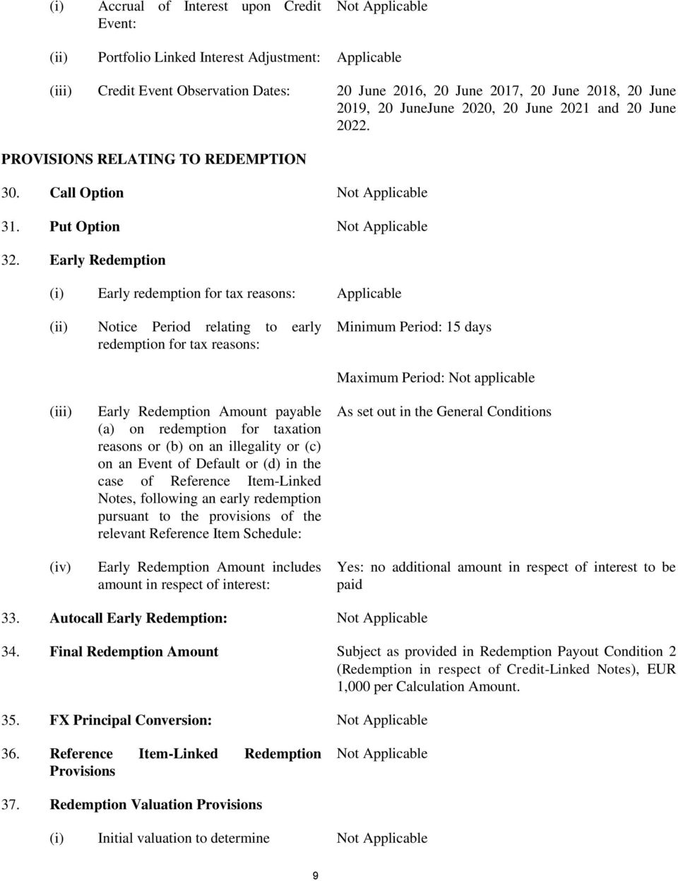 Early Redemption (i) Early redemption for tax reasons: Applicable (ii) Notice Period relating to early redemption for tax reasons: Minimum Period: 15 days (iii) (iv) Early Redemption Amount payable