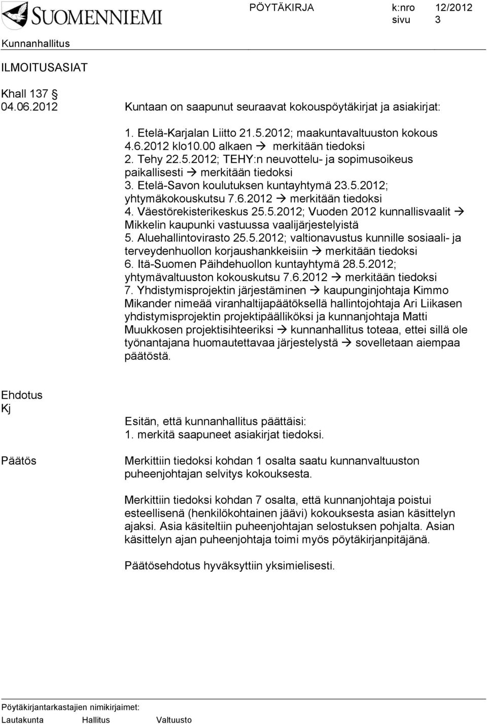 2012 merkitään tiedoksi 4. Väestörekisterikeskus 25.5.2012; Vuoden 2012 kunnallisvaalit Mikkelin kaupunki vastuussa vaalijärjestelyistä 5. Aluehallintovirasto 25.5.2012; valtionavustus kunnille sosiaali- ja terveydenhuollon korjaushankkeisiin merkitään tiedoksi 6.
