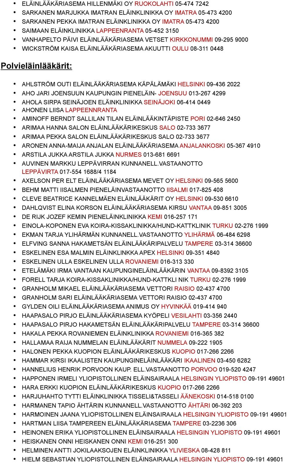 ELÄINLÄÄKÄRIASEMA KÄPÄLÄMÄKI HELSINKI 09-436 2022 AHO JARI JOENSUUN KAUPUNGIN PIENELÄIN- JOENSUU 013-267 4299 AHOLA SIRPA SEINÄJOEN ELÄINKLINIKKA SEINÄJOKI 06-414 0449 AHONEN LIISA LAPPEENNRANTA